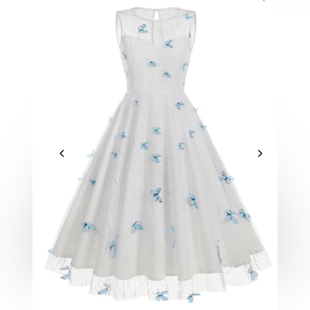 New 50’s Style White wth 3D Blue butterfly appliqués M